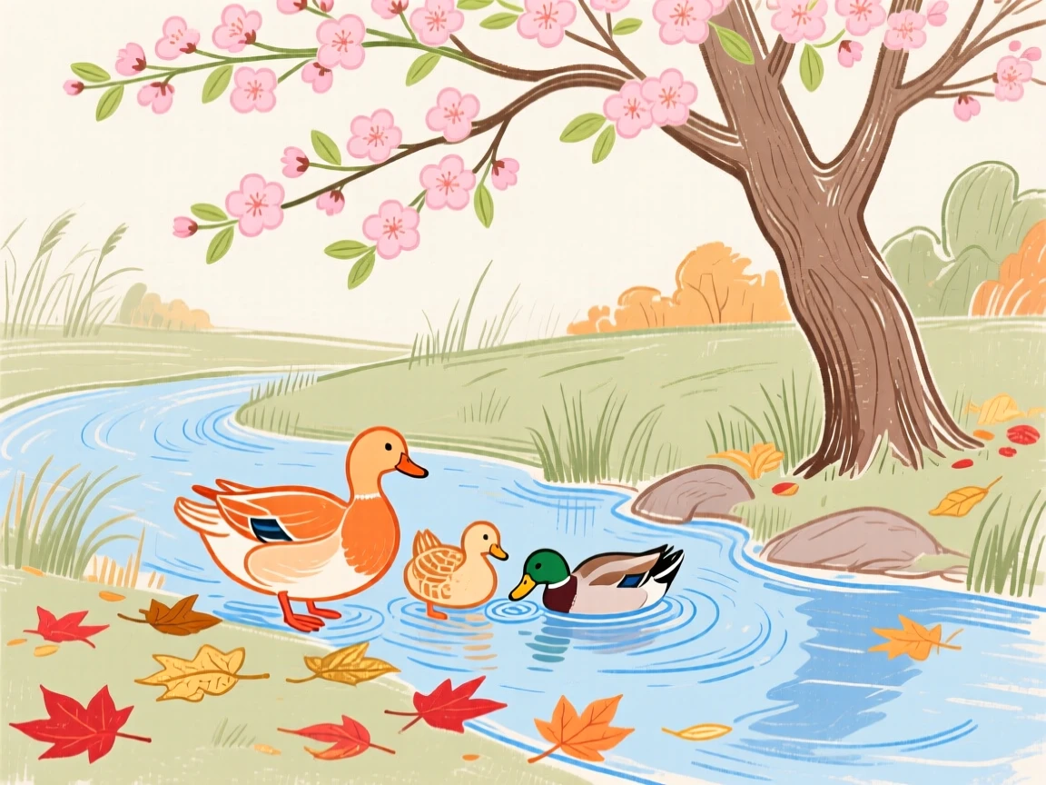 A family of ducks drinking from a stream under a blossoming tree on a crisp autumn day.