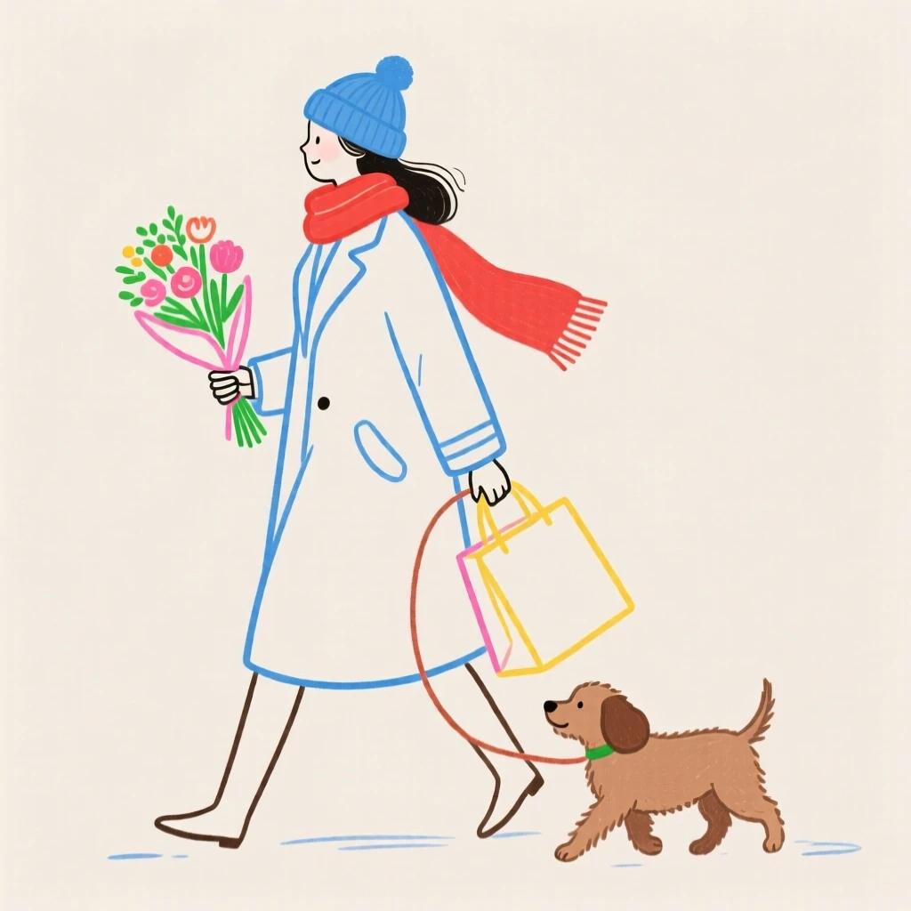 Minimalist illustration of a woman in winter attire walking with a small dog, holding flowers and a shopping bag, on a plain background.