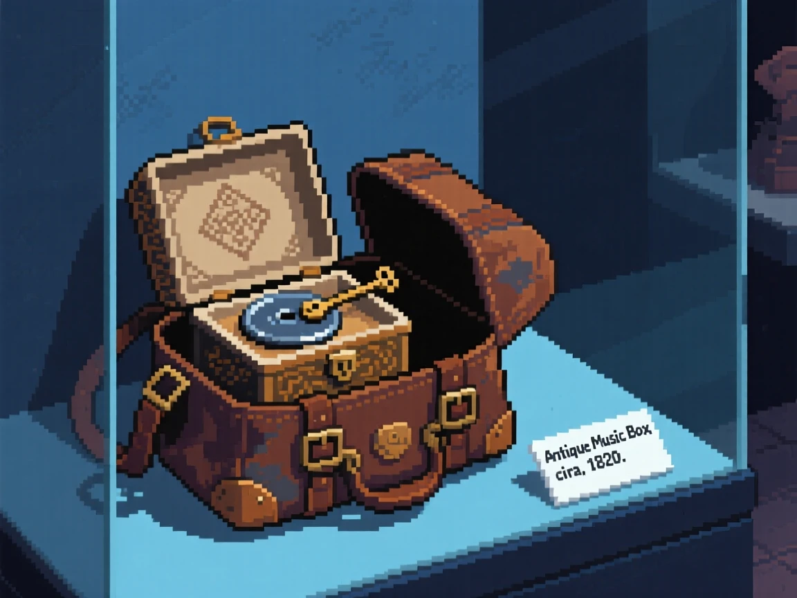 A music box that plays on its own tucked inside an adventurer's travel bag, in a museum display at midnight.