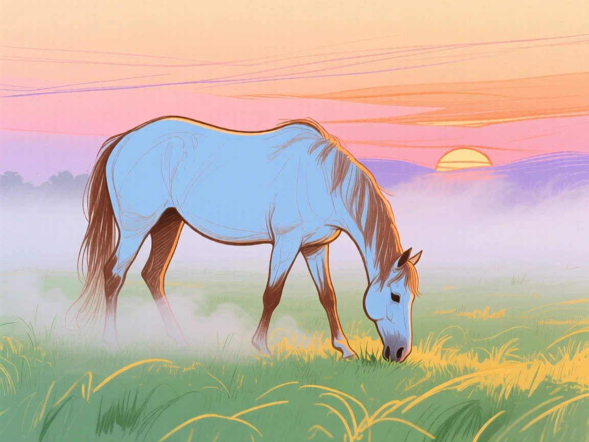 A grazing horse playing in a misty morning field at sunset.