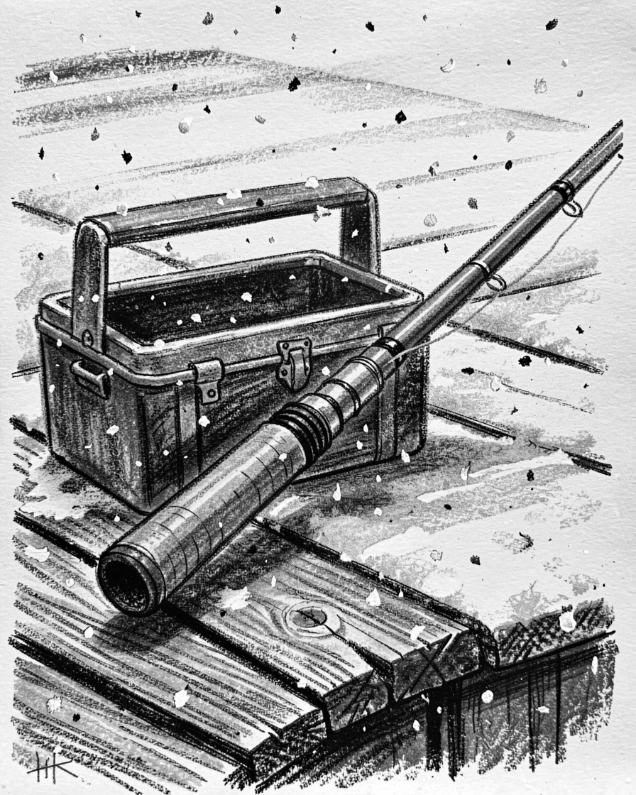 A fisherman's tackle box and rod resting on a dock, under a soft blanket of falling snow.