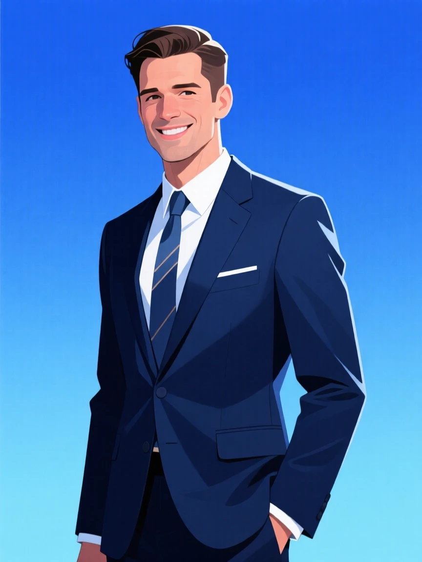 Stylized illustration of a man in a dark suit on a blue background, exuding confidence and professionalism.