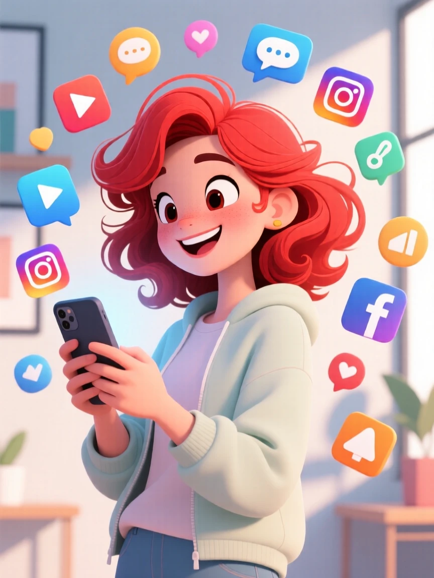 Cartoon illustration of a person with red hair using a smartphone, surrounded by digital media icons and minimalistic decor.