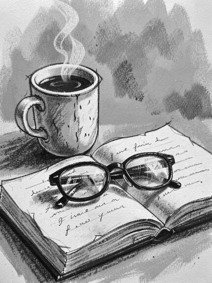 A cup of coffee beside an open journal and reading glasses, with a gentle mist rolling through the background.