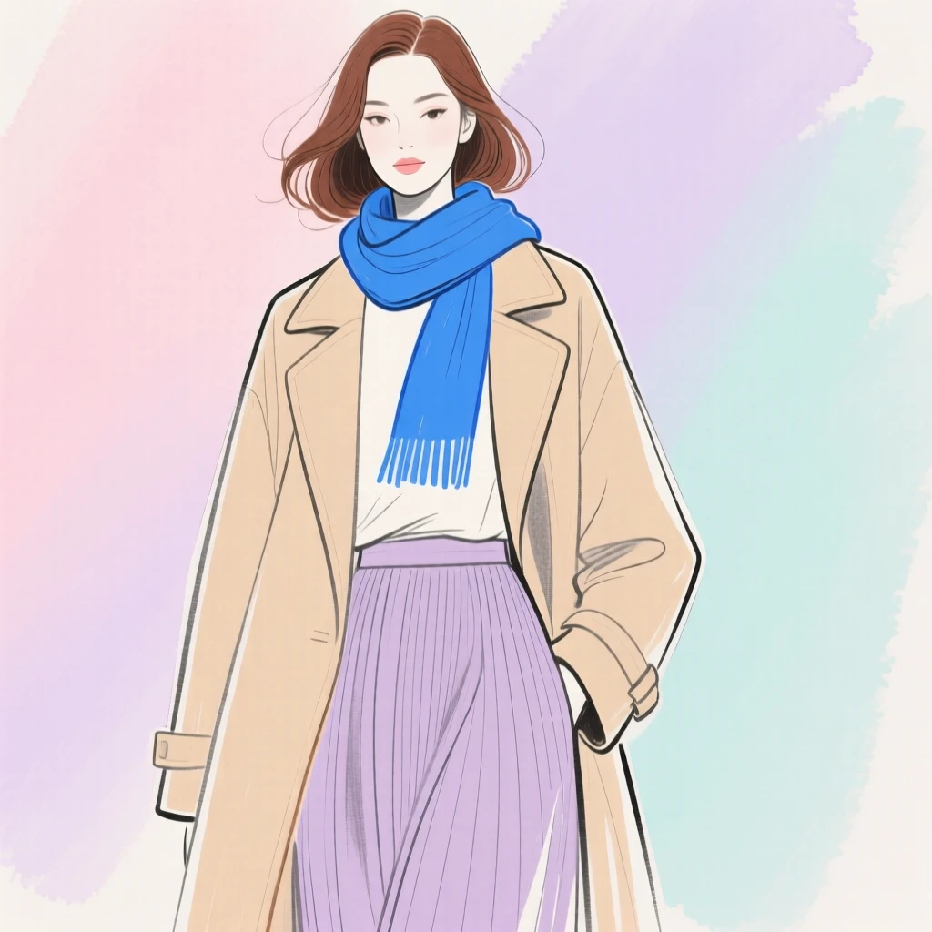 Stylish illustration of a woman in a chic outfit with a beige coat, pleated skirt, and blue scarf, set against a pastel background.