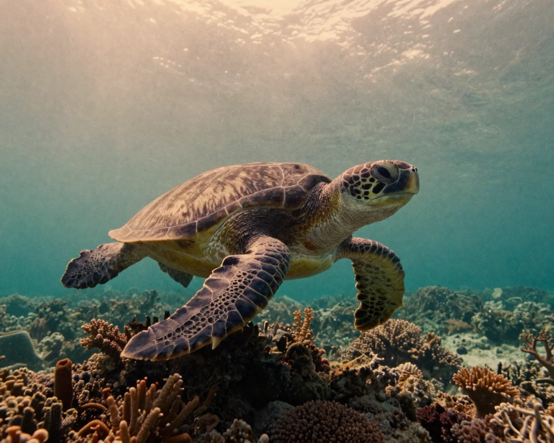 A sea turtle gliding gracefully over a coral reef, in the last light of dusk, in still, windless air, in the height of summer, with deep emerald greens and browns, in a tight close-up.