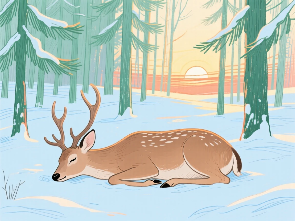 A gentle deer napping in a snowy pine forest at sunrise.
