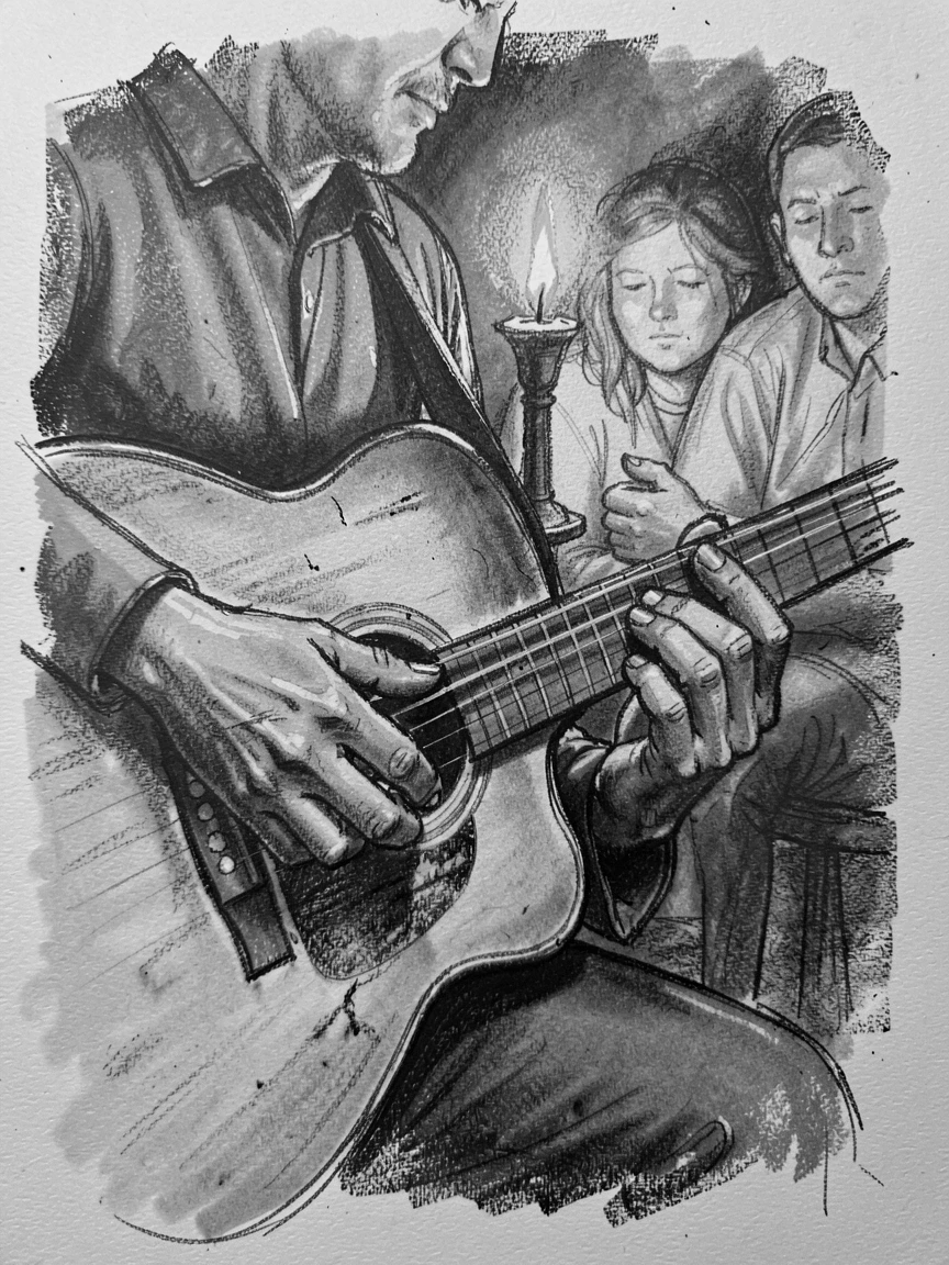 A musician's hands playing an acoustic guitar by candlelight, with everyone gathered close together.