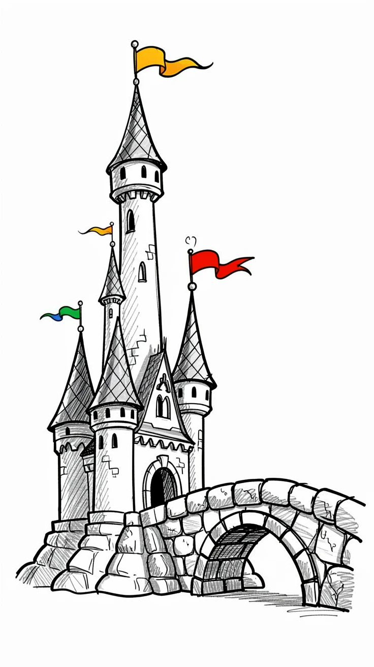 A towering castle with colorful flags on every turret beside an old stone bridge.