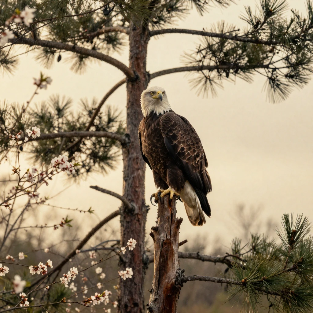 A bald eagle perched atop a tall dead pine tree, under soft golden-hour light, under a light drizzle, as spring blossoms unfurl, with a soft sepia-tinted glow, at eye level, intimate and direct.