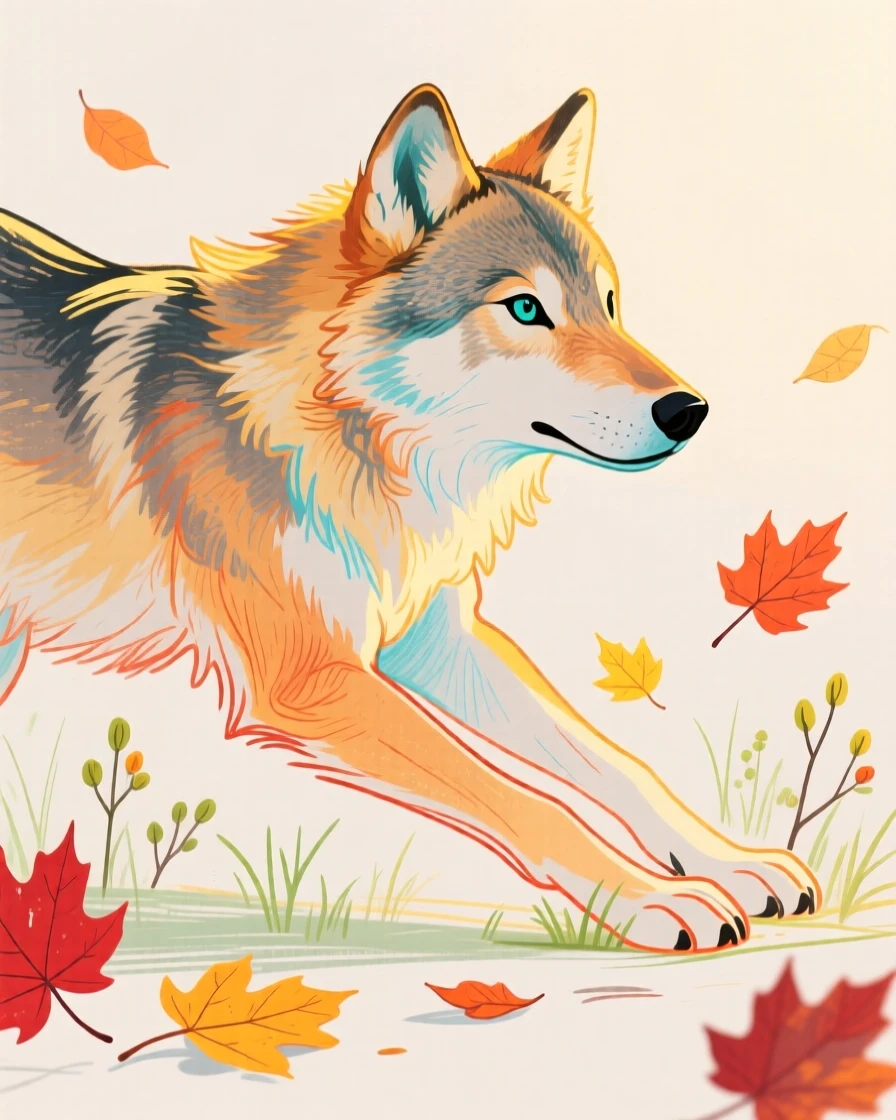 A young wolf stretching in the morning light among autumn leaves in early spring.