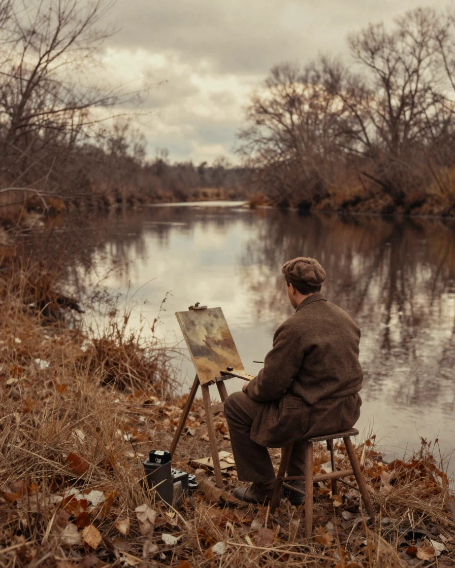 A painter working en plein air beside a quiet riverbank, in soft window light, under scattered clouds, in the depths of winter, dominated by warm amber and rust tones, from behind, looking toward the horizon.