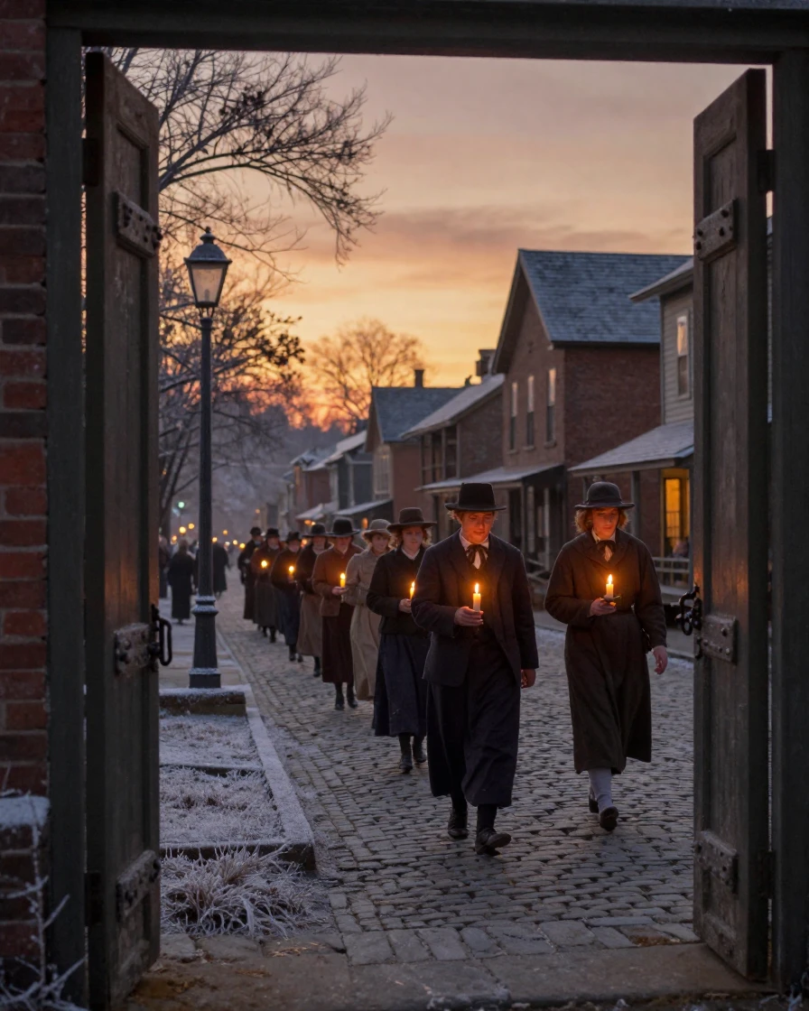 A candlelit procession moving through a historic town at dusk, under a glowing sunset sky, with frost coating every surface, in the height of summer, dominated by warm amber and rust tones, framed through an open doorway.