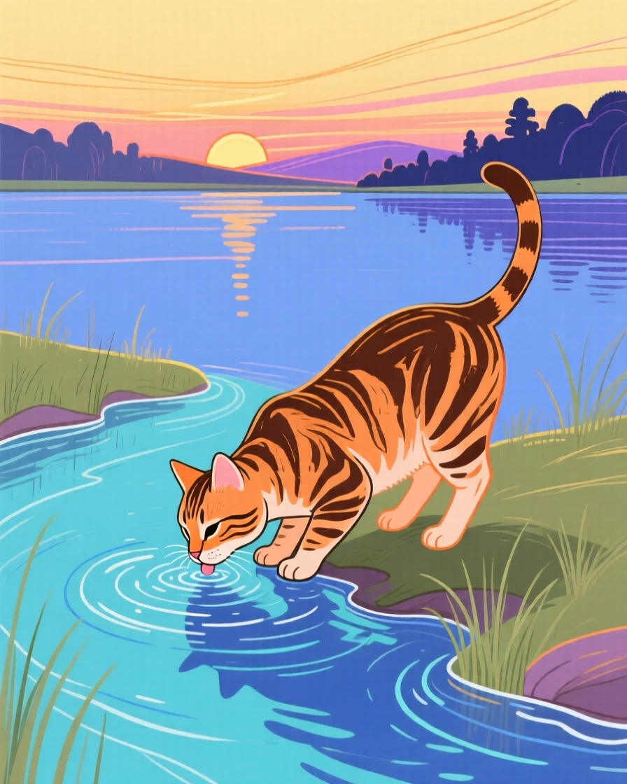 A tabby cat drinking from a stream beside a still lake at sunset.