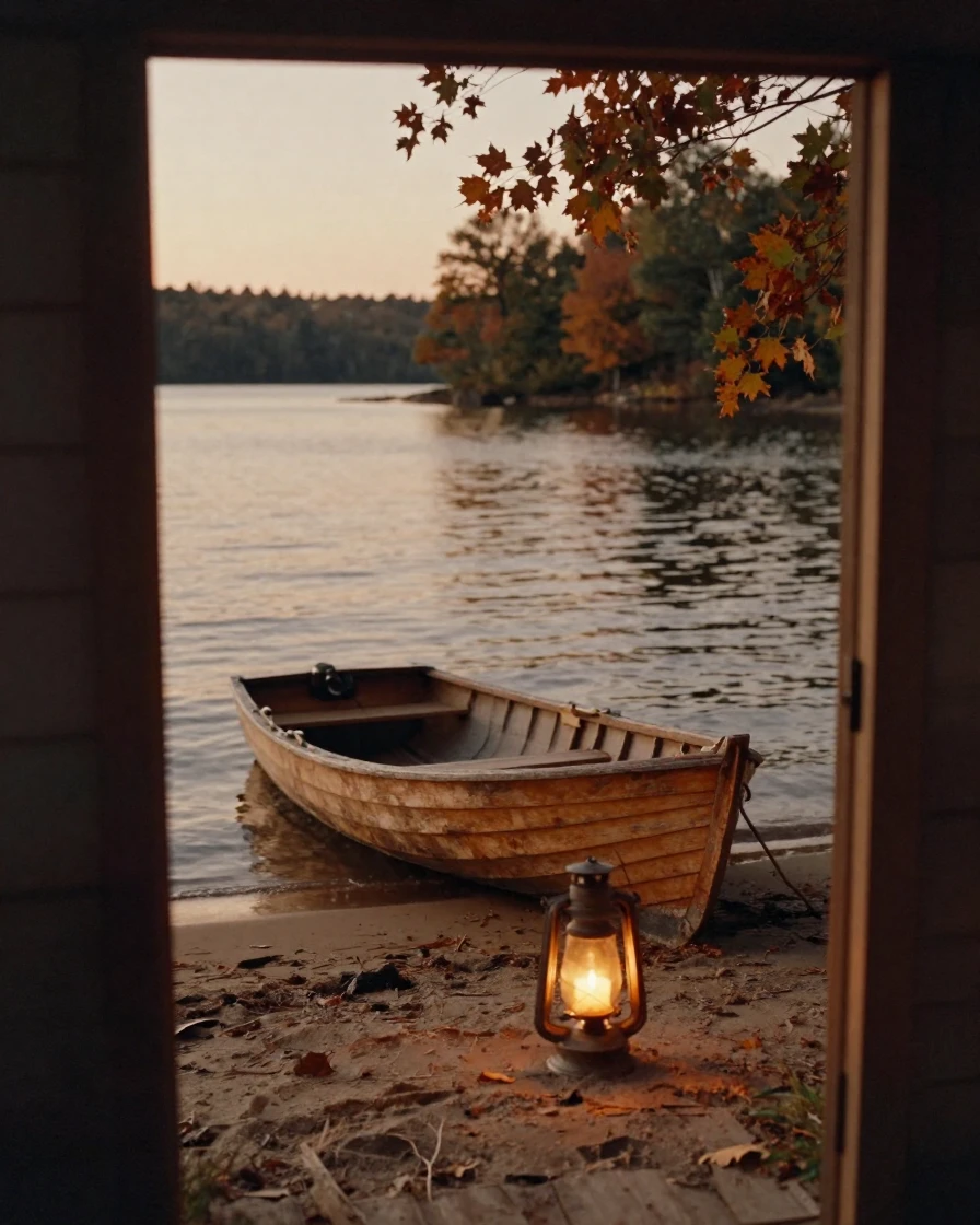 A rowboat resting on the sandy shore of a quiet cove, under flickering candlelight, with a soft breeze stirring the air, as summer fades into fall, dominated by warm amber and rust tones, framed through an open doorway.
