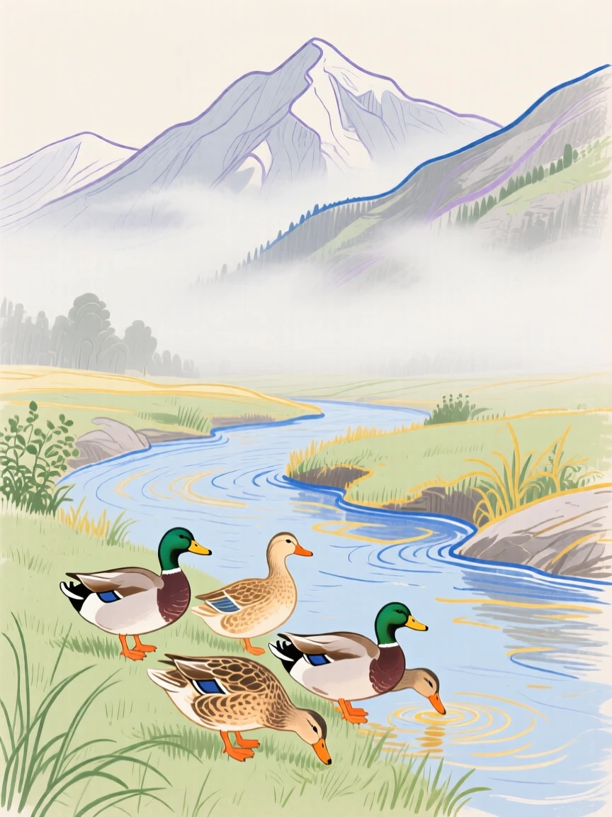 A family of ducks grazing beside a mountain stream as fog rolls in.