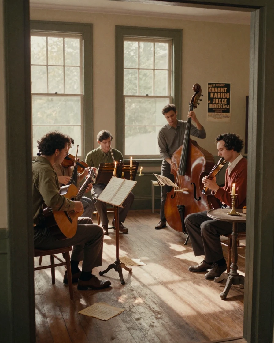 A group of musicians rehearsing in a sunlit rehearsal hall, under flickering candlelight, as heat shimmers over the ground, as summer fades into fall, with muted olive and rust colors, framed through an open doorway.