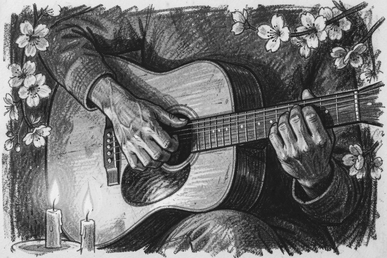 A musician's hands playing an acoustic guitar by candlelight, beneath blossoming trees in full bloom.