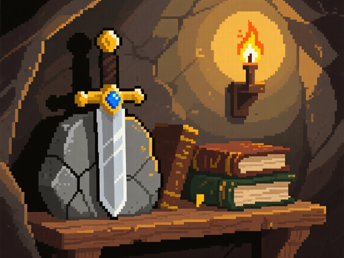 An enchanted sword stuck in stone sitting on a shelf beside dusty books, within a cave lit by torchlight.