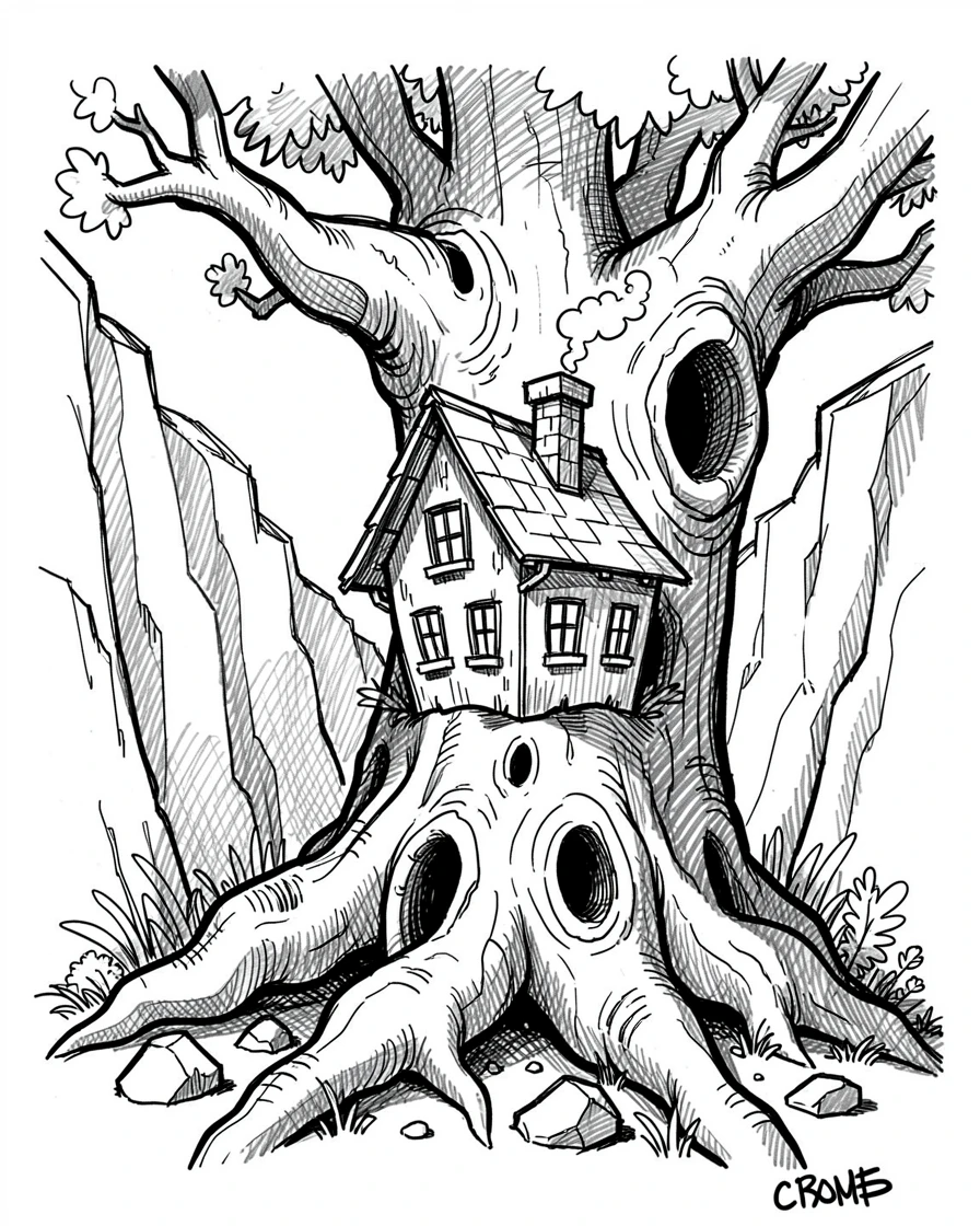 A cottage built into the trunk of a giant tree in a cove hidden by cliffs.