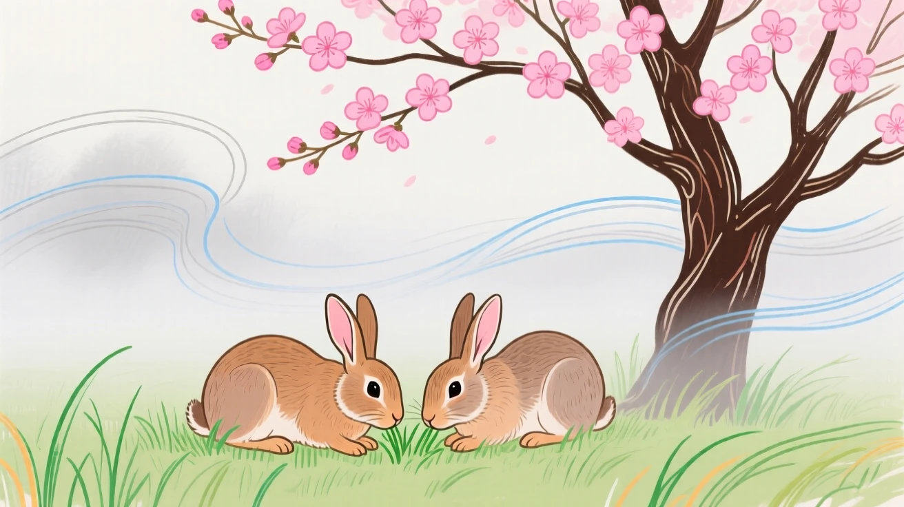 A pair of rabbits grazing under a blossoming tree as fog rolls in.