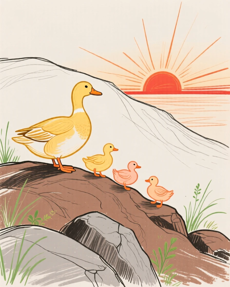 A family of ducks exploring on a rocky hillside at sunrise.