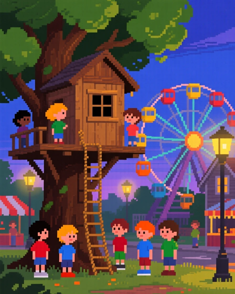 A treehouse built by neighborhood kids gathered close as the streetlights flicker on, at a small-town fair with a ferris wheel.