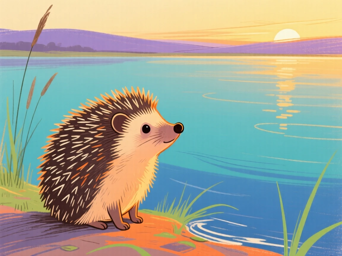 A small hedgehog watching the horizon beside a still lake during golden hour.