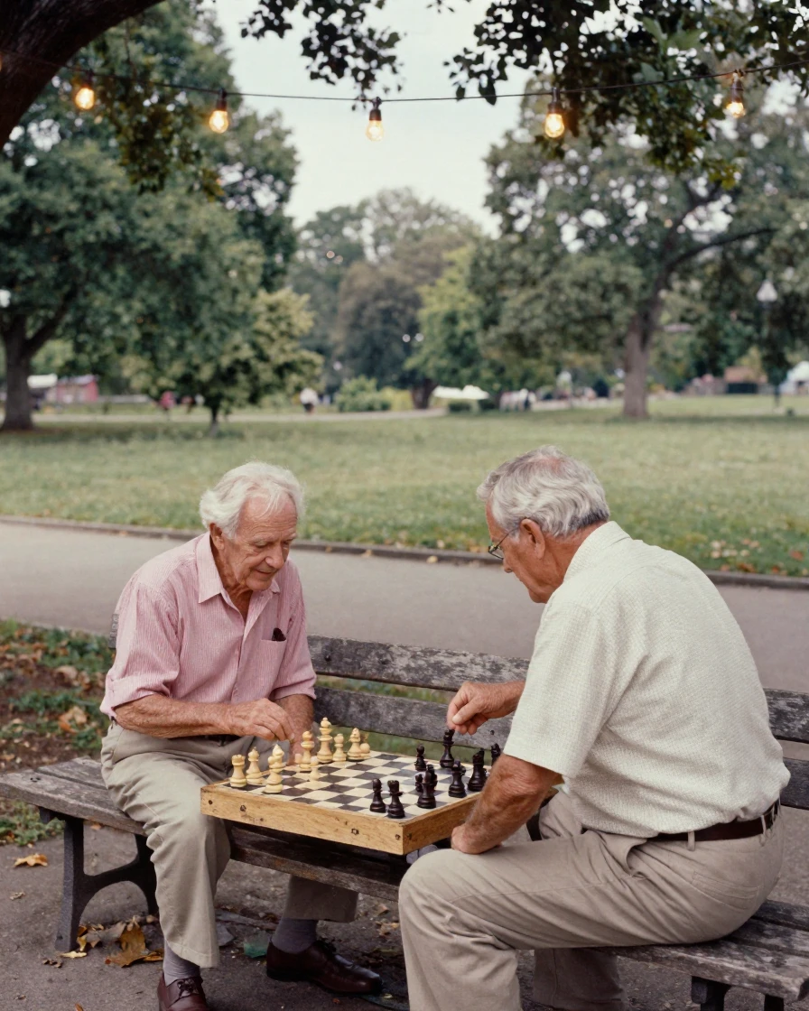 Two old friends playing chess on a park bench, under strings of warm string lights, in crisp, dry air, during the long days of summer, in soft muted pastels, from a slightly elevated vantage point.