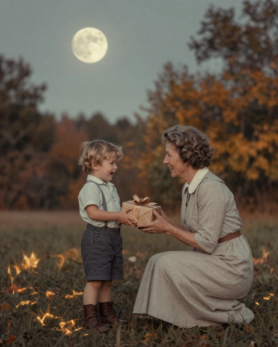 A grandmother presenting a wrapped gift to a delighted grandchild, under moonlight, as heat shimmers over the ground, as summer fades into fall, with a soft sepia-tinted glow, from a wide establishing view.