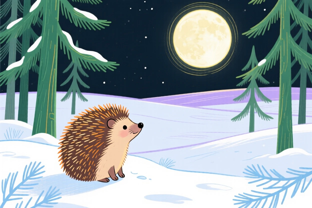 A small hedgehog watching the horizon in a snowy pine forest under a full moon.