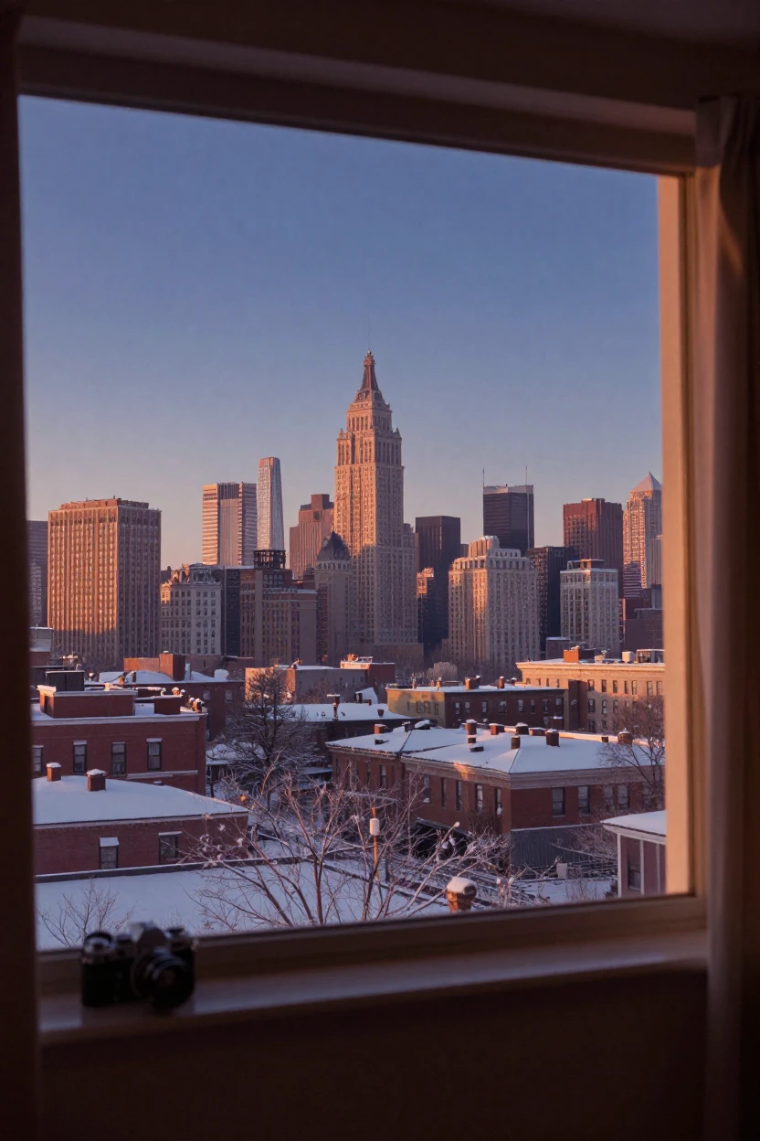 A city skyline glittering under a deep indigo night sky, at sunrise, on a clear, cloudless day, under the first snow of winter, with rich burgundy and gold accents, viewed from across the room.