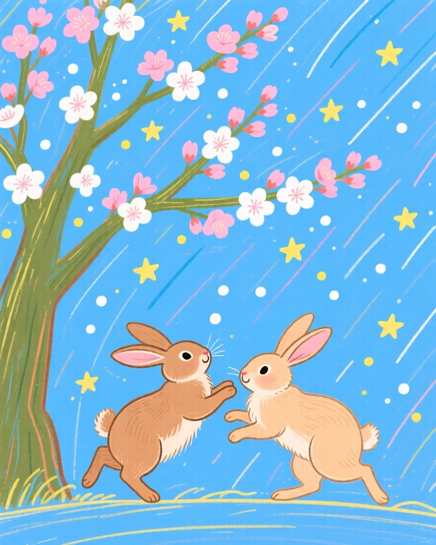 A pair of rabbits playing under a blossoming tree under a clear starry sky.