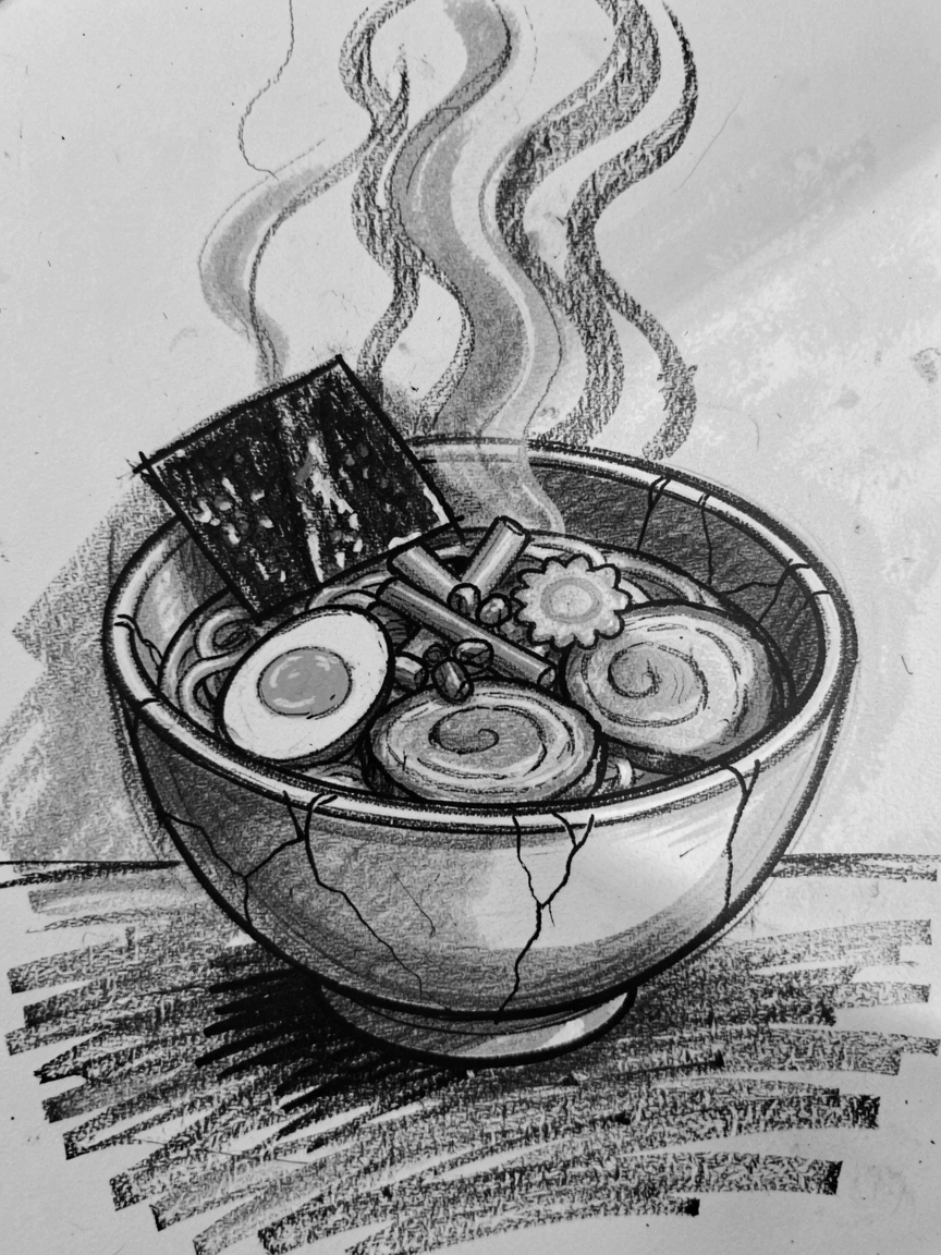 A steaming bowl of ramen with all its colorful toppings, as golden afternoon sun spills across the scene.