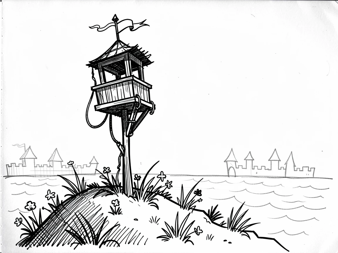 A ship's crow's nest overlooking the open sea atop a hill at the edge of a kingdom.