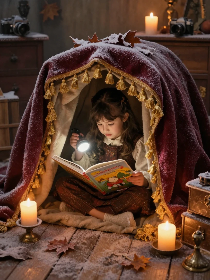 A girl reading a picture book beneath a blanket fort with a flashlight, under flickering candlelight, with frost coating every surface, in late autumn, with rich burgundy and gold accents, from a slightly elevated vantage point.