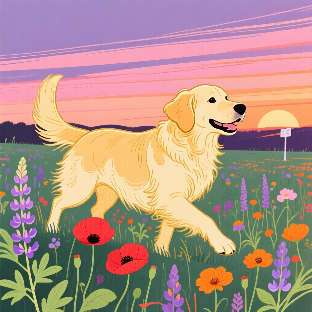 A golden retriever playing near a wildflower field at sunset.