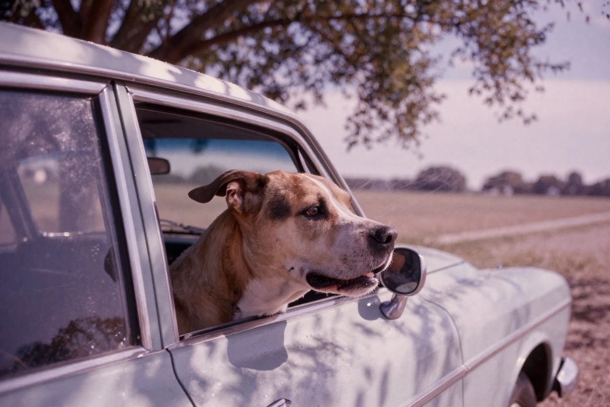 A dog with its head out a car window, ears flapping in the wind, in dappled light filtering through leaves, with a soft breeze stirring the air, under the first snow of winter, in dusty lavender and rose tones, from behind, looking toward the horizon.
