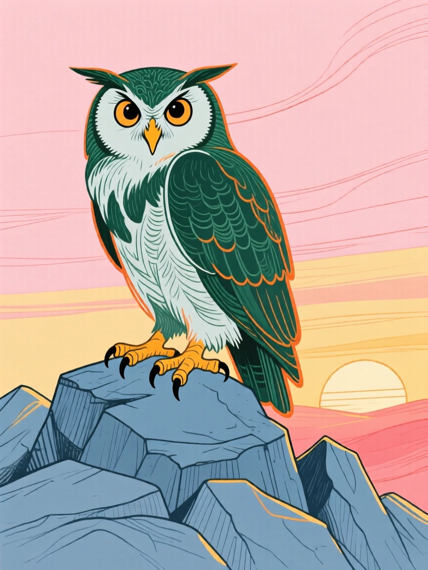 A wise old owl grazing on a rocky hillside at sunrise.