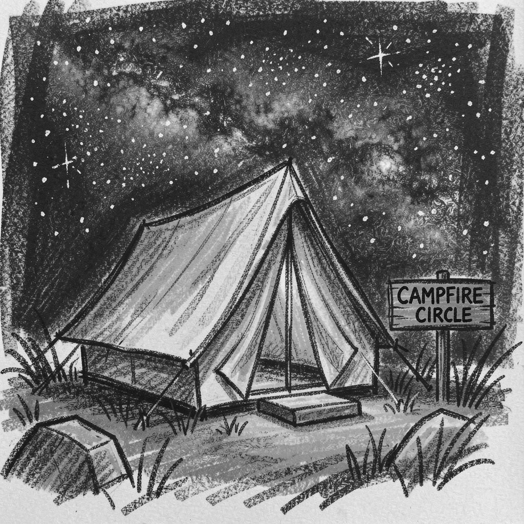 A camper's tent glowing warmly beneath a starry sky, in a moment of quiet togetherness.