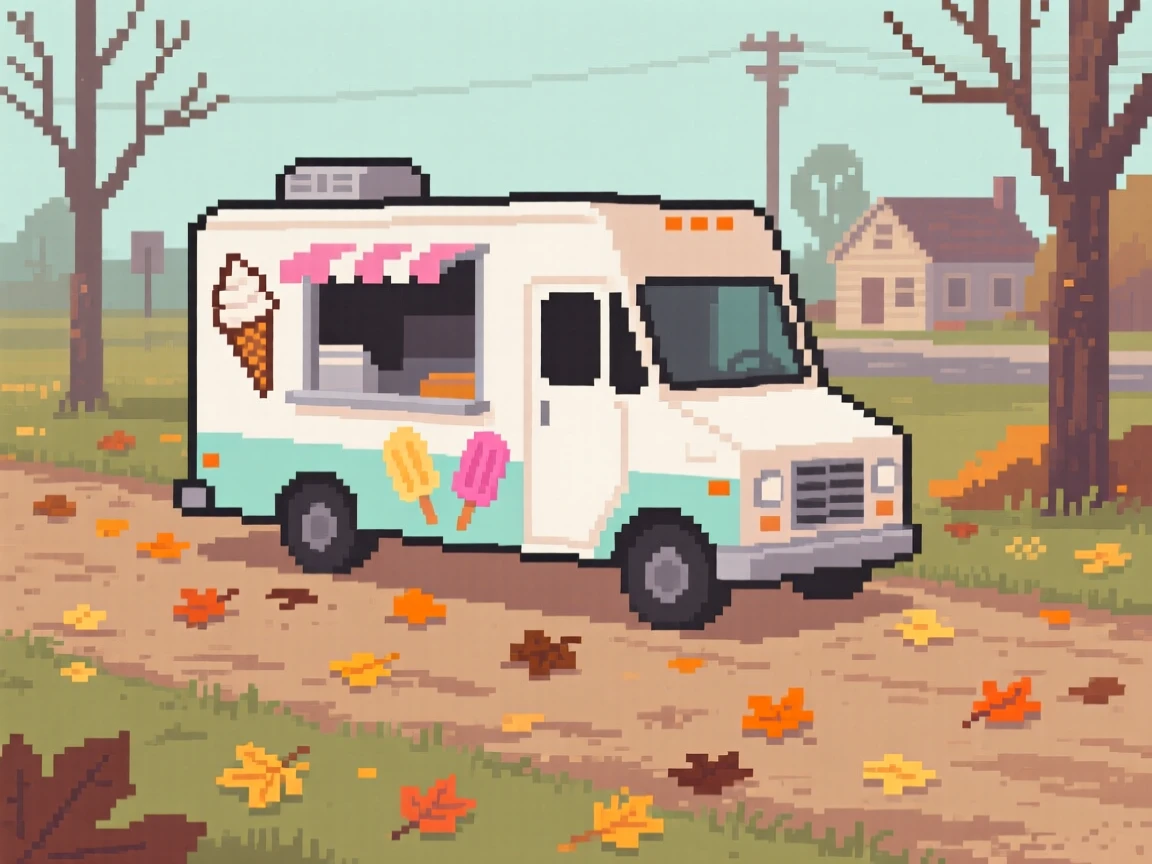 An ice cream truck parked on a quiet street surrounded by fallen leaves on a quiet street, along a dirt road leading out of town.