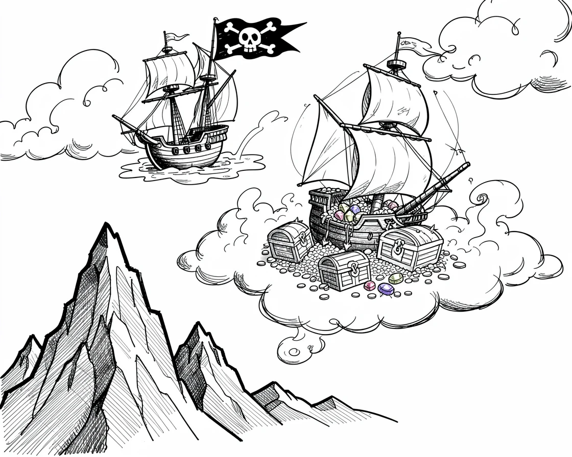 A pirate ship anchored beside a treasure-filled cove among the clouds above a mountain range.