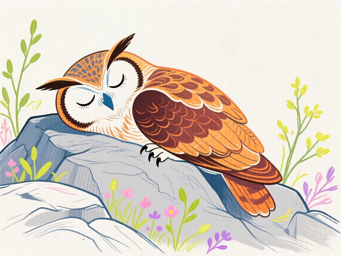 A wise old owl napping on a rocky hillside in early spring.