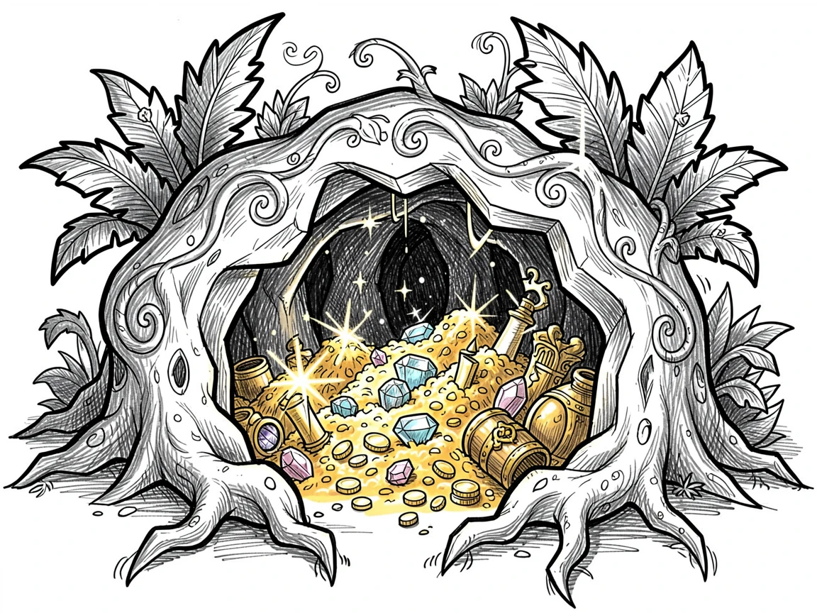 A hidden cave filled with glittering treasure at the edge of an enchanted forest.