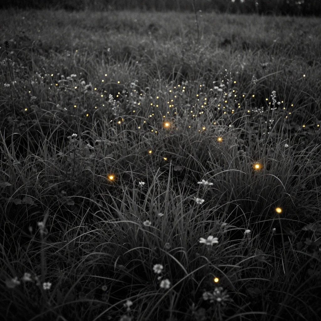 A cluster of fireflies glowing softly above a summer meadow, in the pale light just before sunrise, as heat shimmers over the ground, during the long days of summer, with stark black-and-white contrast softened by a single warm hue, shot from directly overhead.