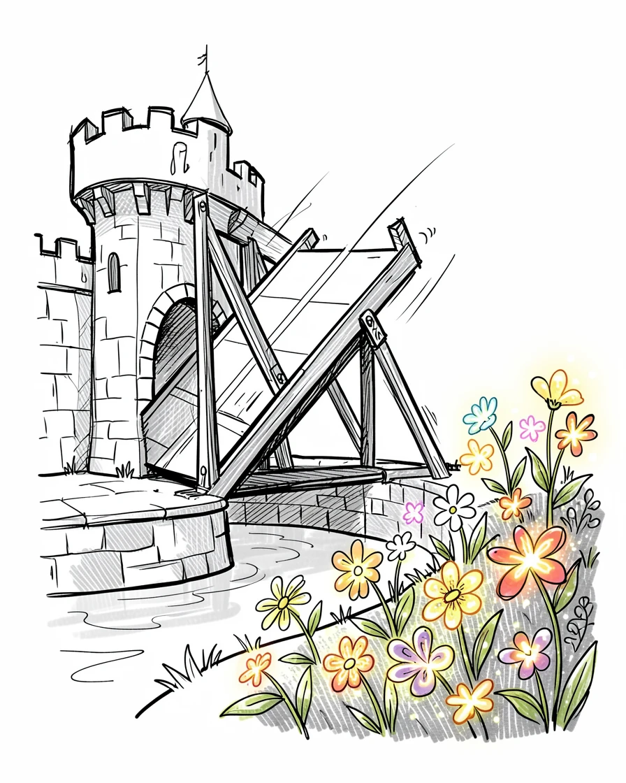 A castle drawbridge lowering over a moat beside a garden full of glowing flowers.