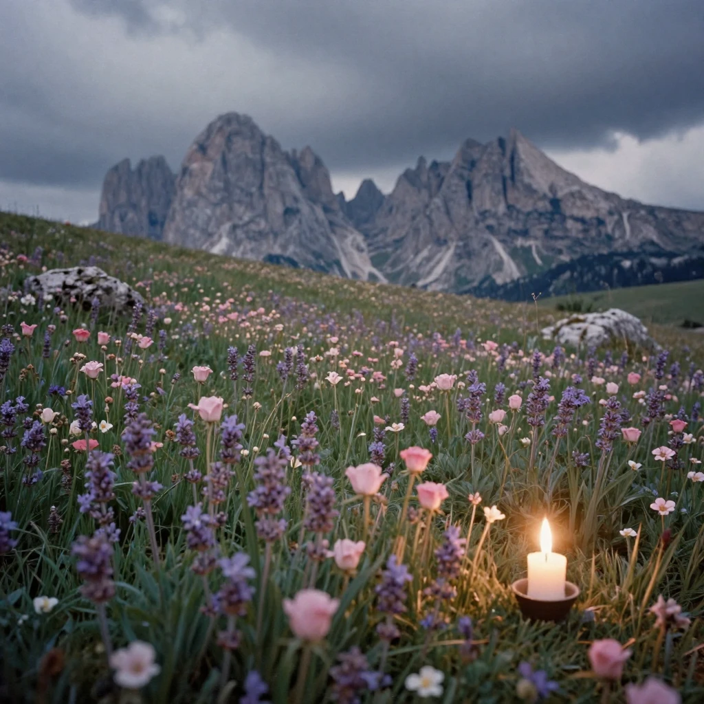 Wildflowers carpeting an alpine meadow beneath jagged peaks, under flickering candlelight, under a darkening storm sky, in early spring, in dusty lavender and rose tones, from a three-quarter angle.