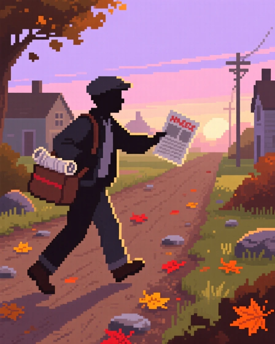 A paperboy delivering newspapers at dawn surrounded by fallen leaves on a quiet street, along a dirt road leading out of town.