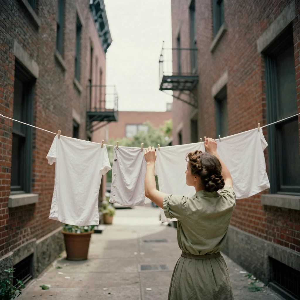 A woman hanging laundry between two buildings across an alley, in gentle diffused daylight, in crisp, dry air, in the height of summer, with muted olive and rust colors, from behind, looking toward the horizon.