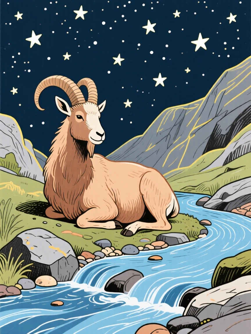 A mountain goat resting beside a mountain stream under a clear starry sky.